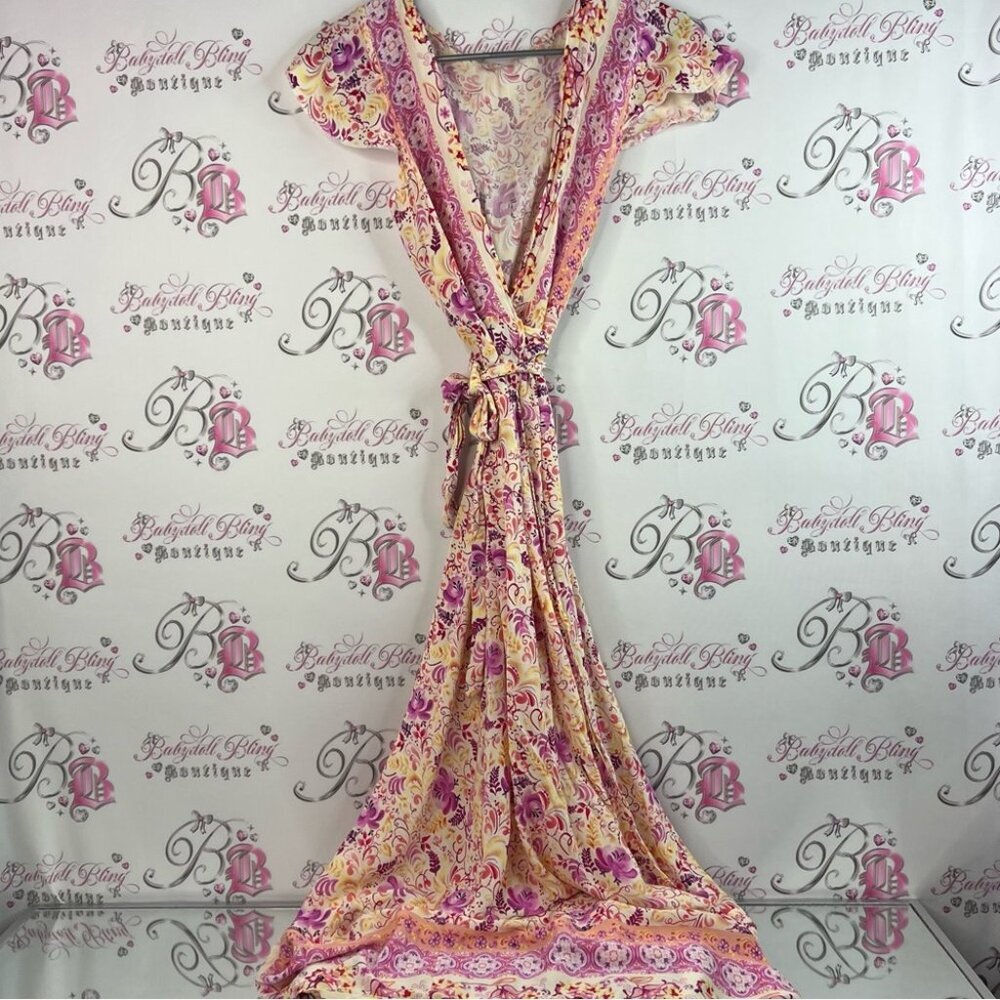 Dress wrap style flowers paisley boho Floral Pink and Yellow Maxi Dress